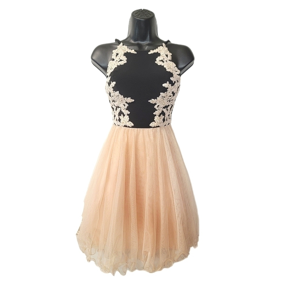 Blondie Nites Juniors Black and Tan Mini Formal Dress - Picture 3 of 10